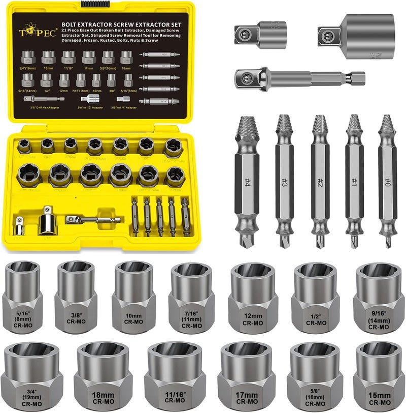 Topec 21 PCS Bolt Extractor Kit, 3/8" Drive Bolt & Nut Remover Socket Set, HSS 4341 Small Screw Extractor Set, 2-in-1 Removal Tool for Stripped, Broken, Damaged, Rounded Nuts, Screws - Image 1